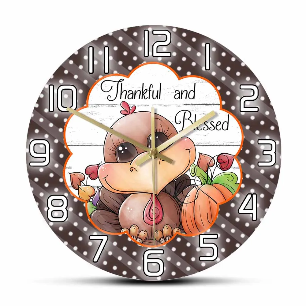 Cute Turkey Ad Pumkin Thanksful Blessed Wall Clock Thanksgiving Home Decor Silent Sweep Wall Watch Gratefull Housewarming Gift