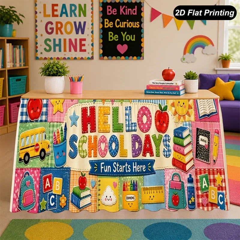 One classroom-themed tablecloth. Colorful 