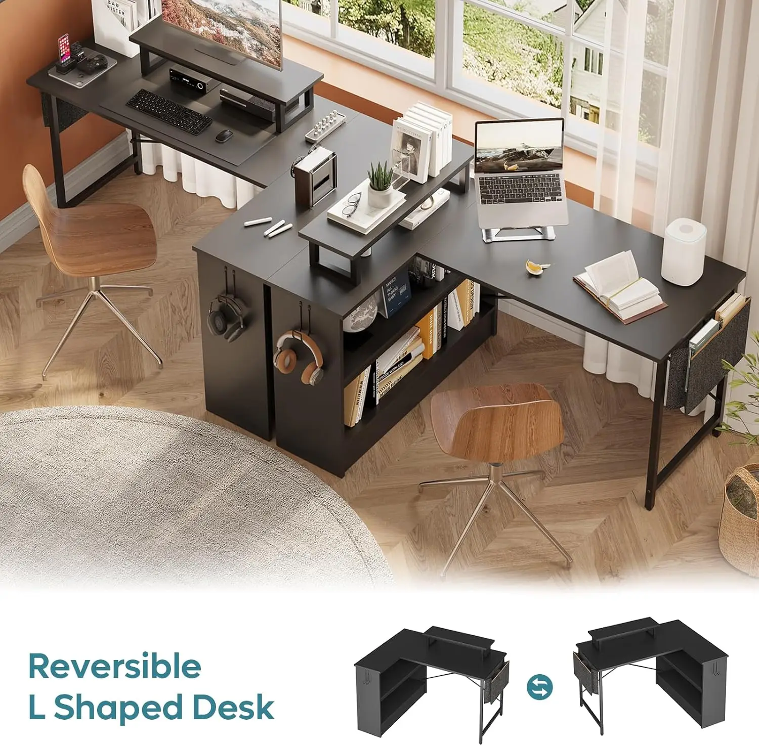 Small L Shaped Desk With Led Lights, 42 Reversible Computer Desk With Open Storage Cabinet & Monitor Stand, Corner Desk With