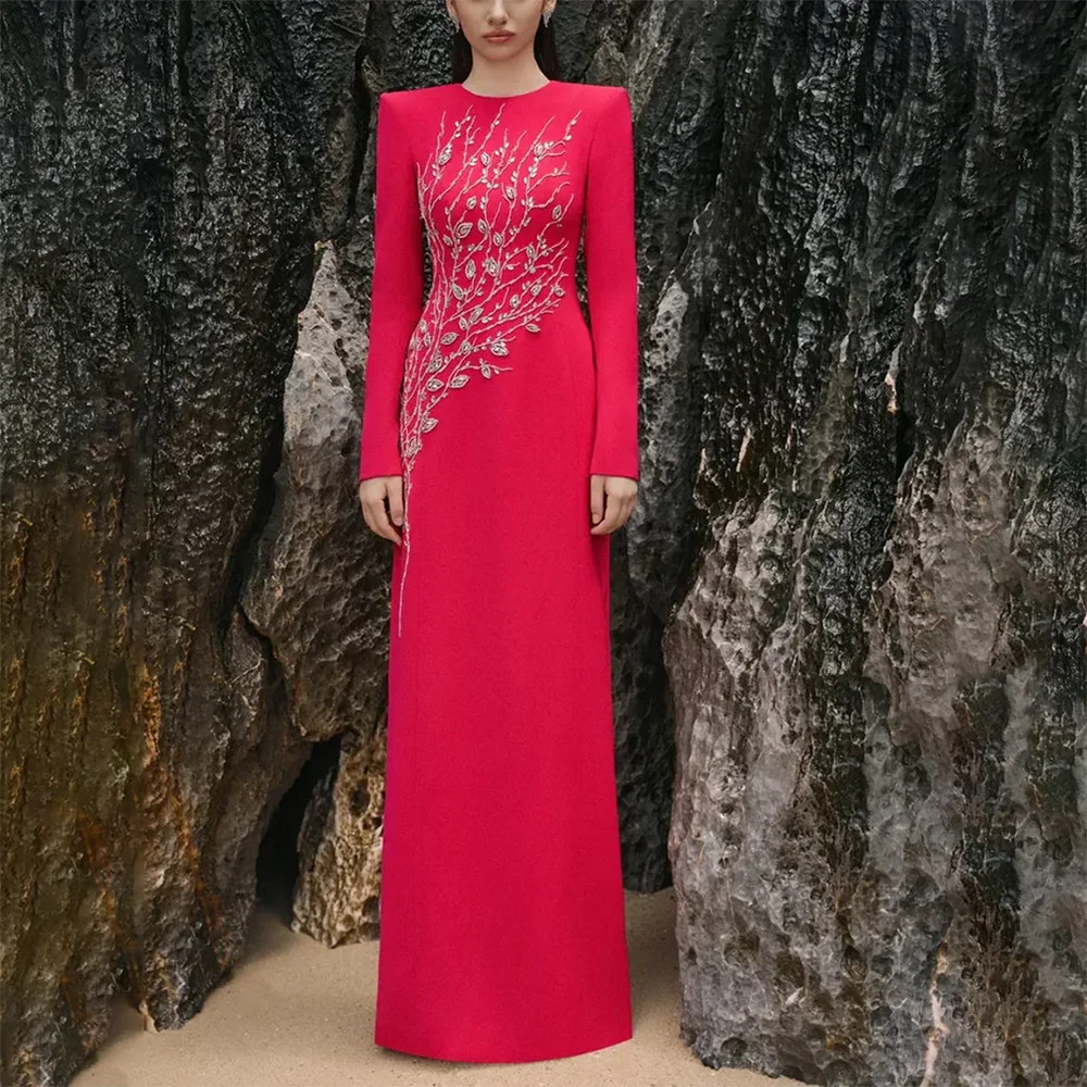 

Exquisite Evenning Dresses Round Neck Long Sleeves Beading Sequined A Line Floor Length Dubai Formal Party Gowns Customized