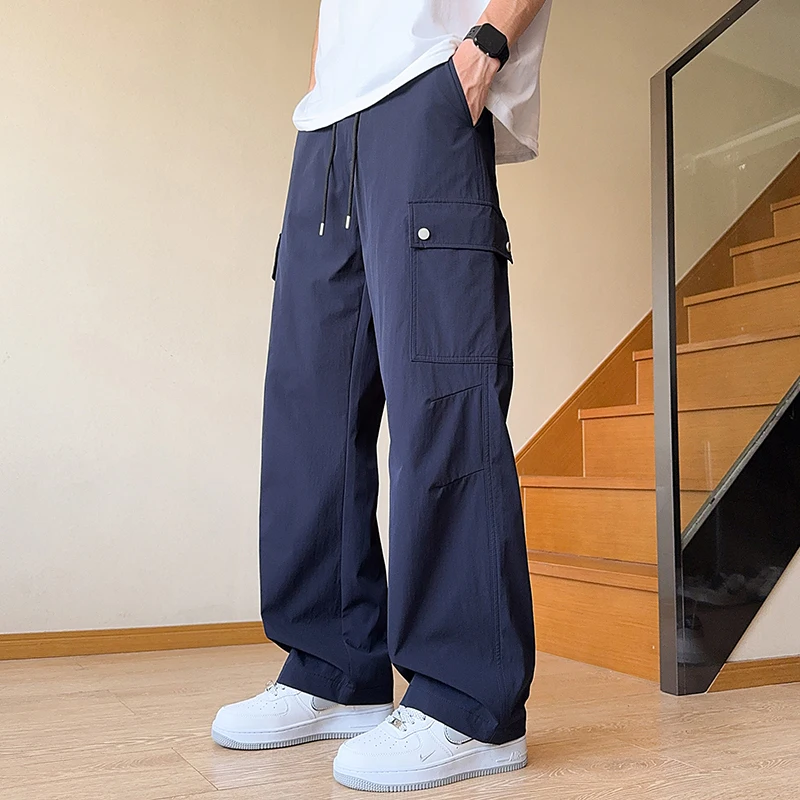 

2025 Spring Summer Ice Silk Cool Men Casual Pants Trendy Breathable Wide Leg Cargo Pants Fashion Versatile Streetwear Trousers