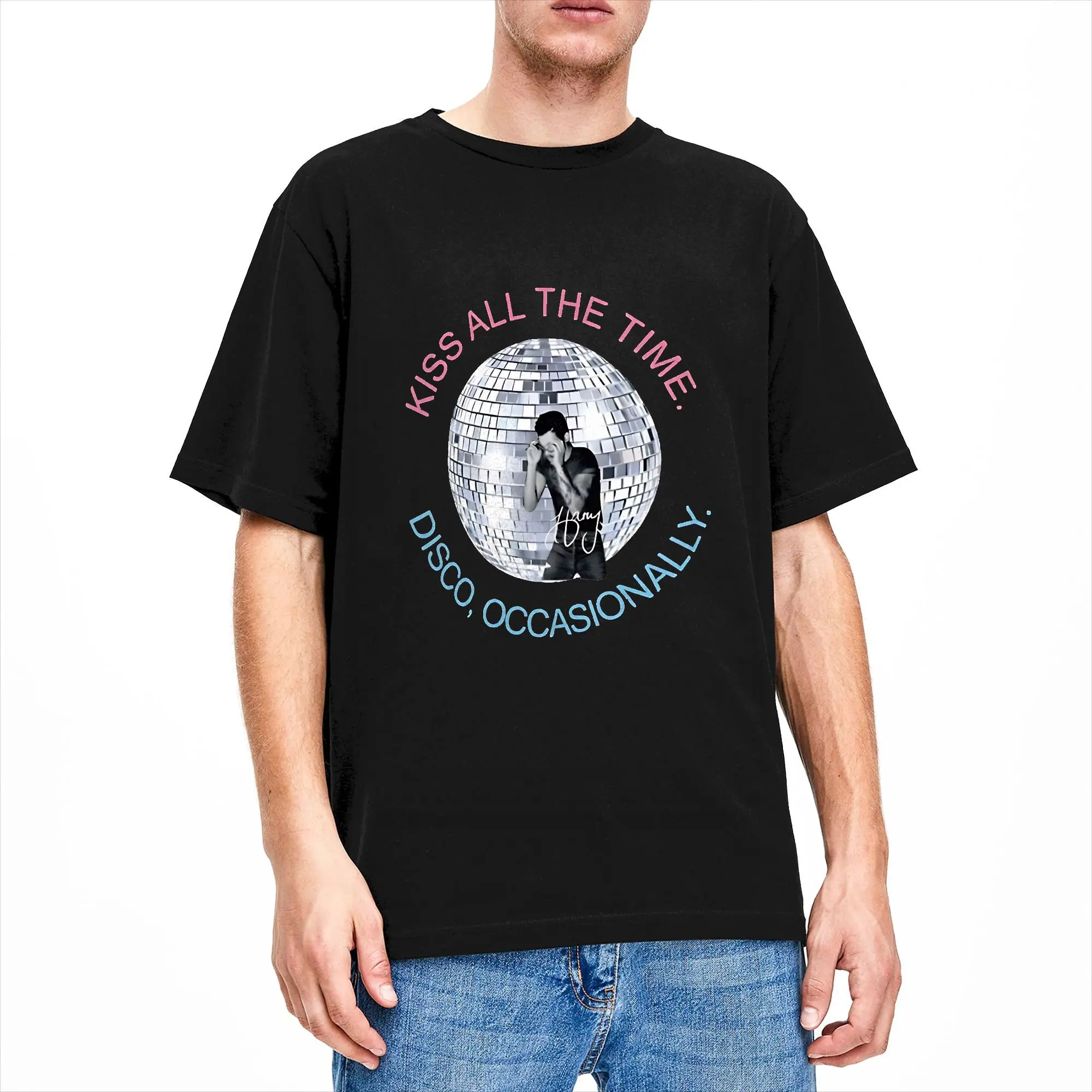Unique Harry Style Kiss All The Time Disco Occasionally Disco Ball Love On Tour T-Shirts Men Cotton T Shirt Short Sleeve Tees