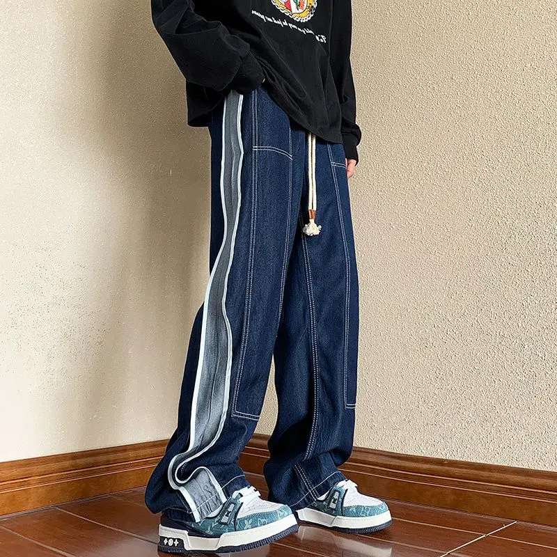 

Мужские джинсы больших размеров, прямые, свободного кроя, с высокой талией, в американском стиле, повседневные, в стиле High Street, дышащие, летние