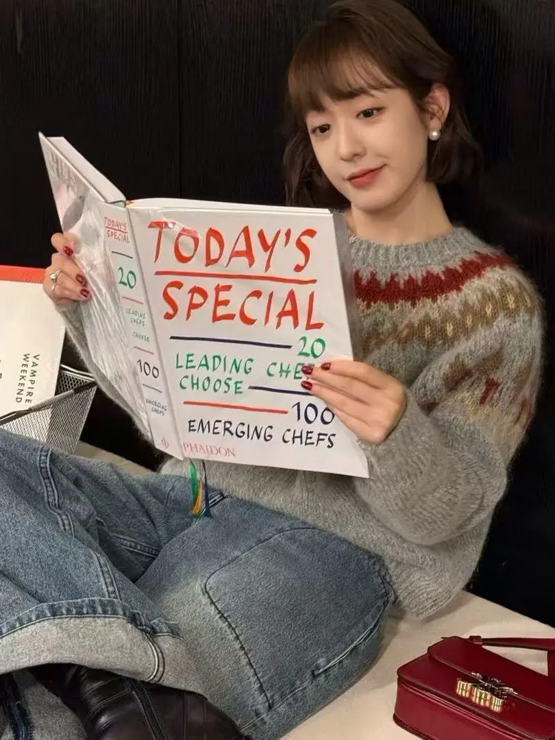 

ay Fair Isle Knitted Mohair Cisas Pattern Sweater Women's Loose Lazy Top Autumn Season Korean Sle Online Exclusive