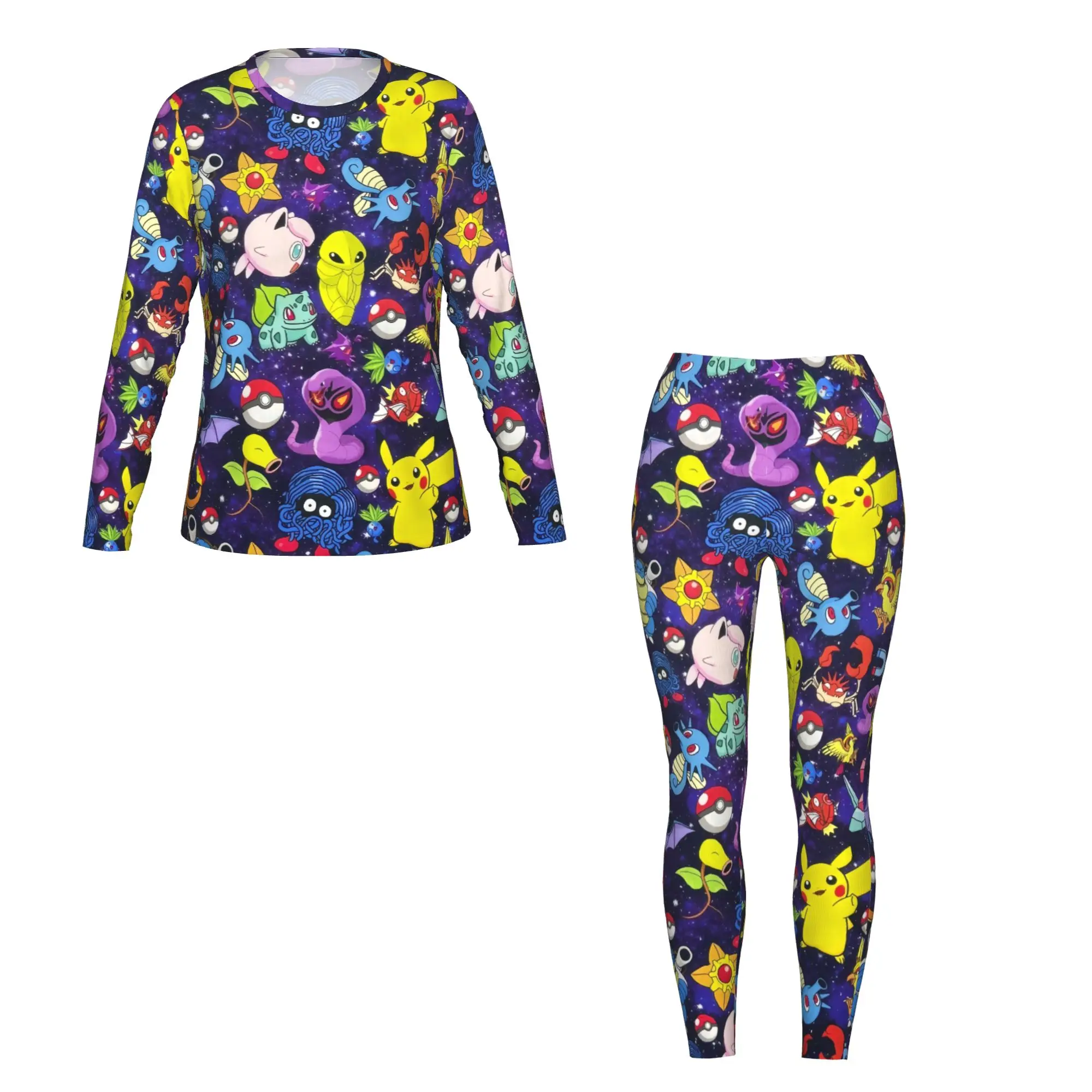 Женская футболка с длинными рукавами и леггинсами с милым принтом Пикачу, 2 шт., подходит для домашних путешествий, фитнеса и т. д.