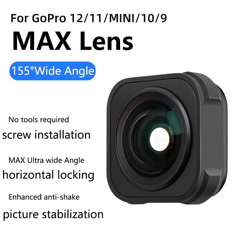 For GoPro Max Lens Mod Fov 155° Wide Angle Lens 5M Waterproof Anti-Shaking Lens For Gopro 12 11 10 9 Black Camera Case Accessory