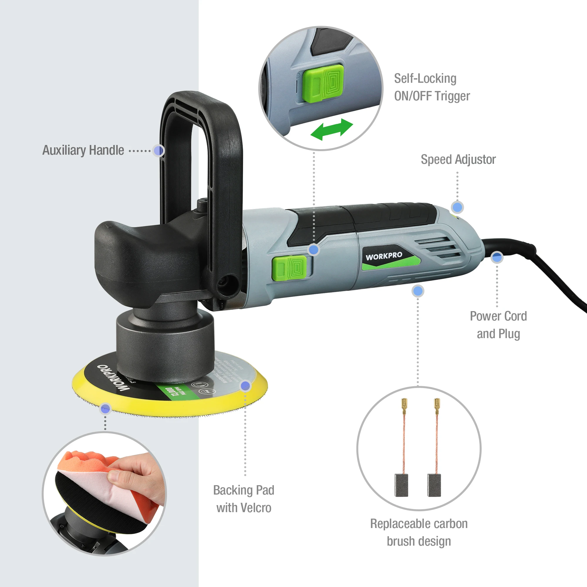 WORKPRO Car Buffer Polisher Kit, 6 Inch 6400RPM Dual Action Polisher with 6 Variable Speeds, 7A Orbital Buffer Polisher