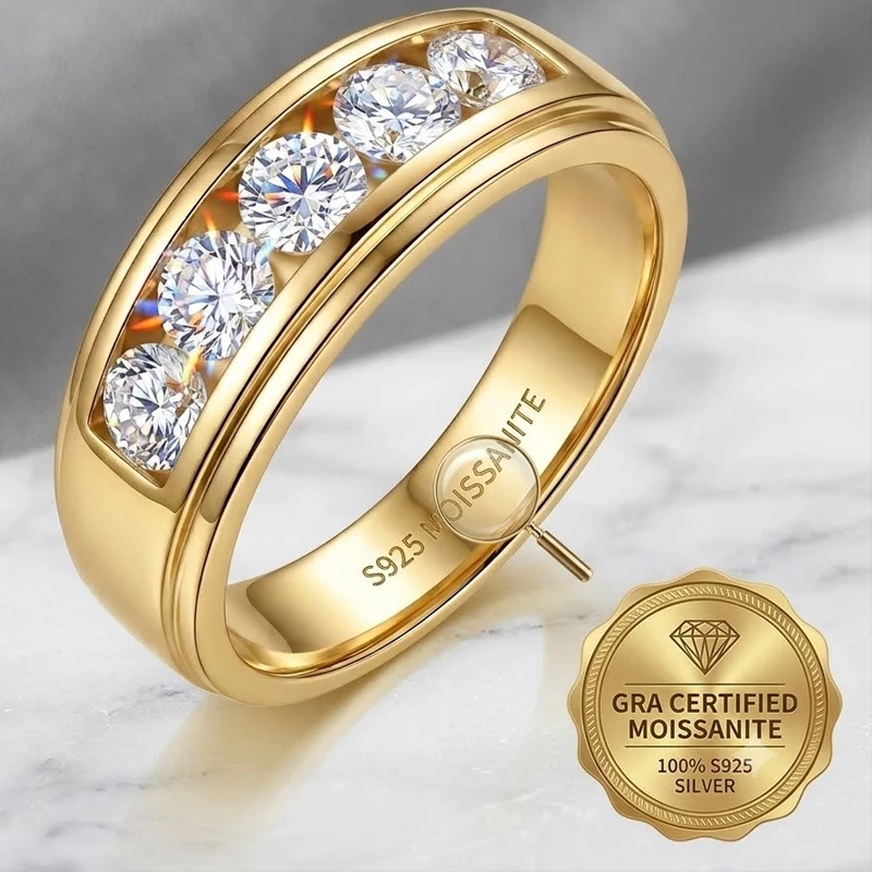 18K Vergoldeter S925 Sterling Silber Herren Ehering, 5 Stück 4mm Runder D-Farbiger VVS Moissanit Kanalset Breiter Bandring, Klassischer Alltags- und Business-Schmuck für Männer
