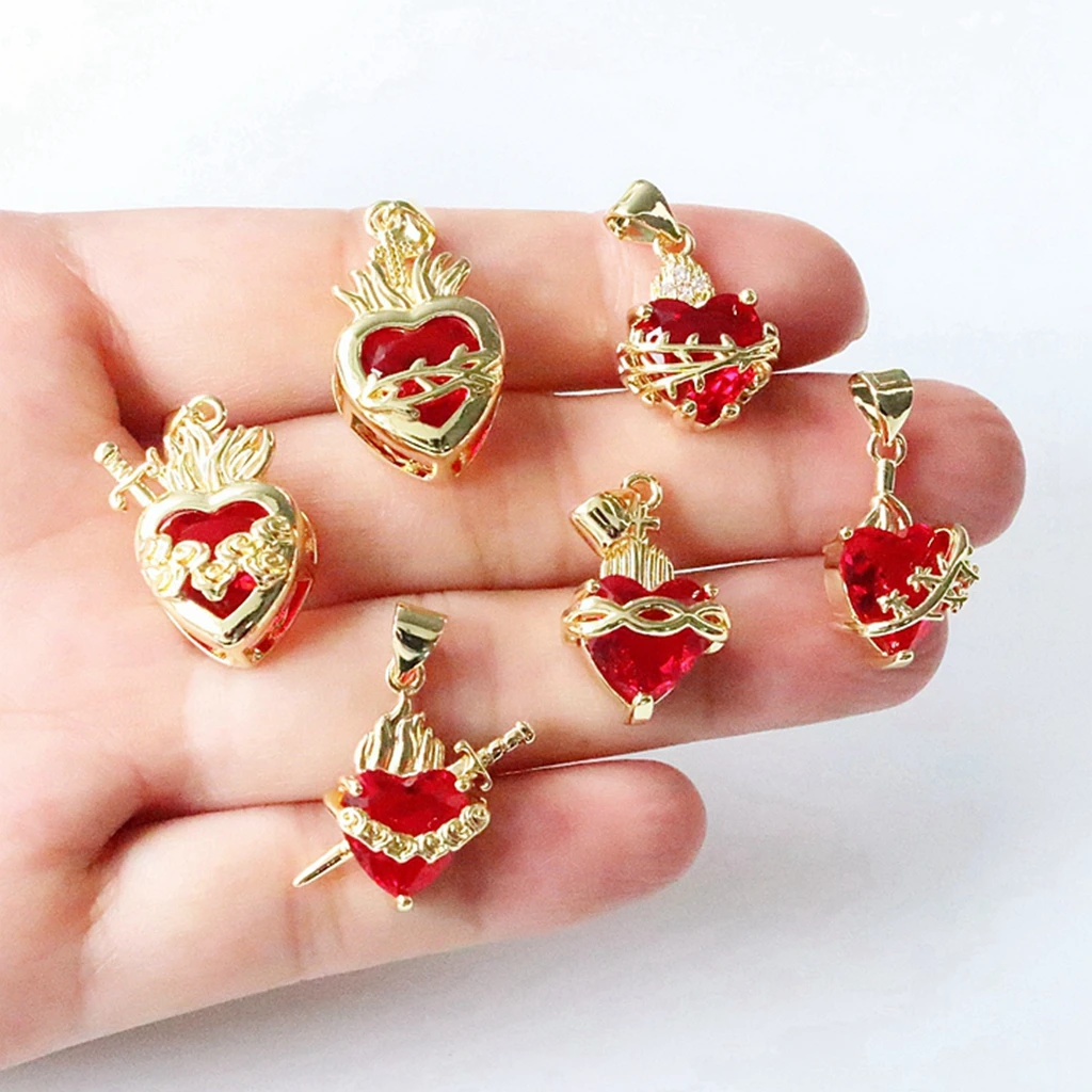 HOT 6pcs/Lot CopperRetro Red Heart Zircon Cross Necklace Pendants Enamal Love Heart DIY Charms WomenJewelry Wholesale ﻿
