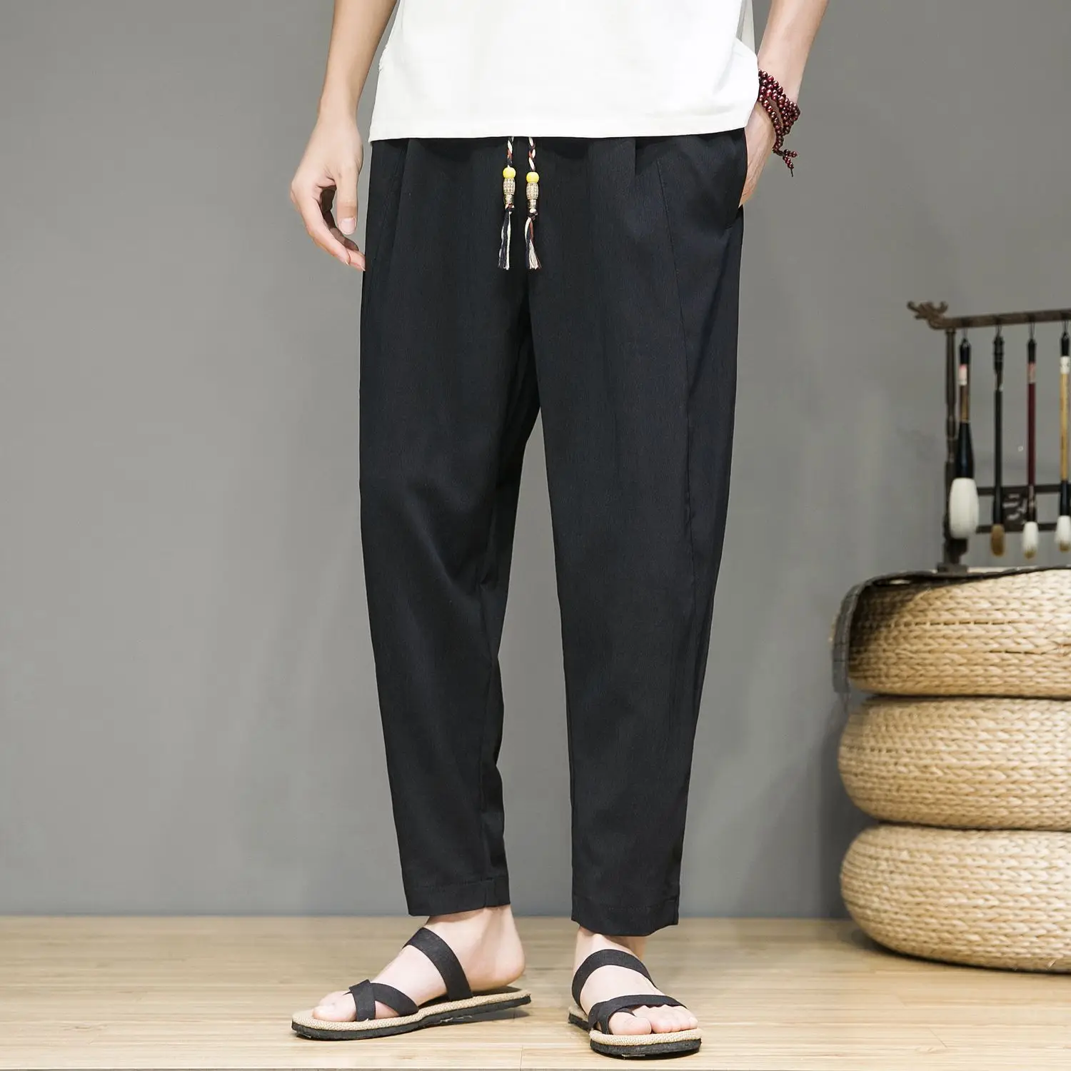 

White Summer Thin Ice Silk Linen Men's Pants Casual Harlan Carrot Pants Slim Fit Straight Leg Elastic Waist Long Trousers