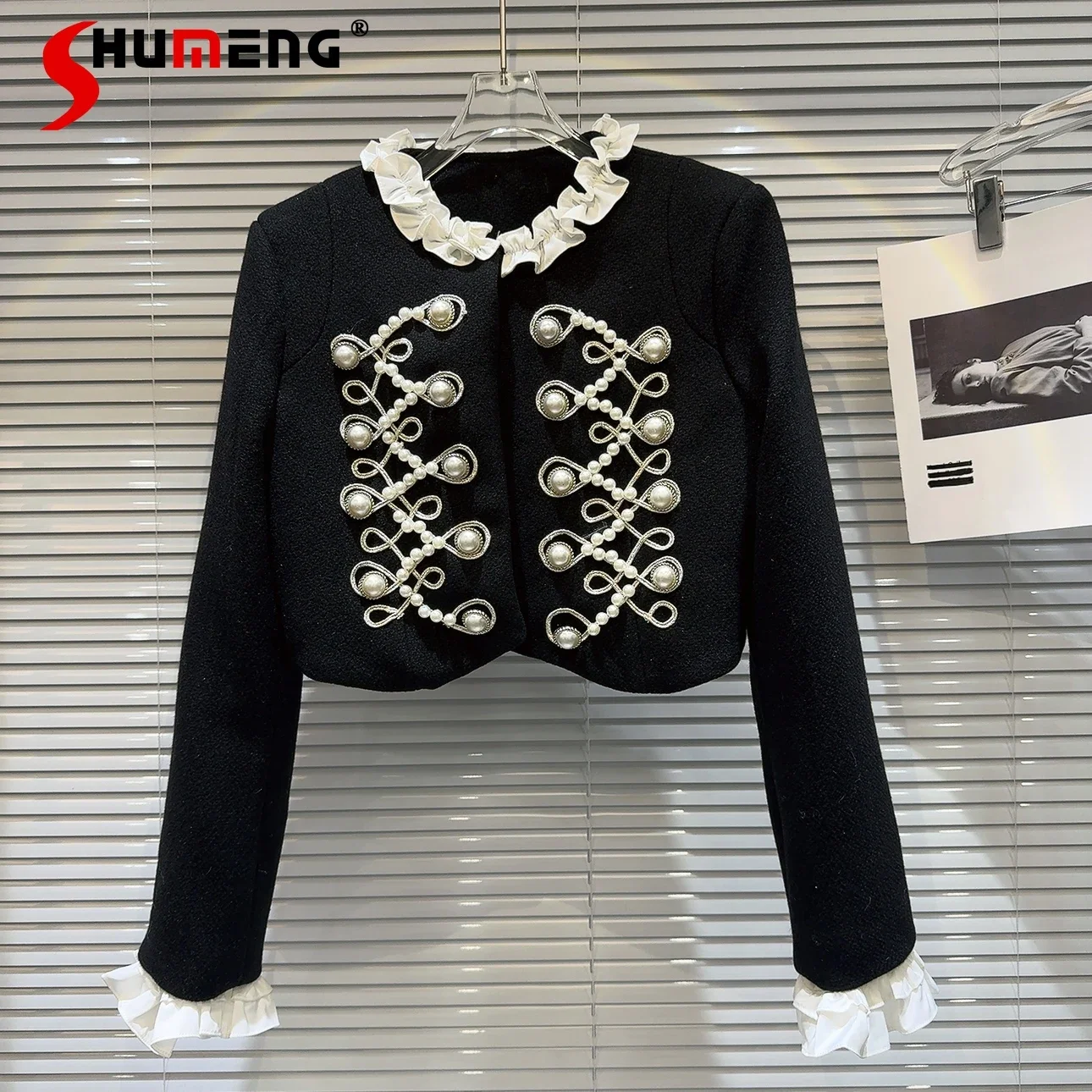 

Fashion 2023 Winter New Pearl Rib Buckle Lace Collar Tops Women's Short Coats Female Long Sleeve Gorgeous Slimming Clothes
