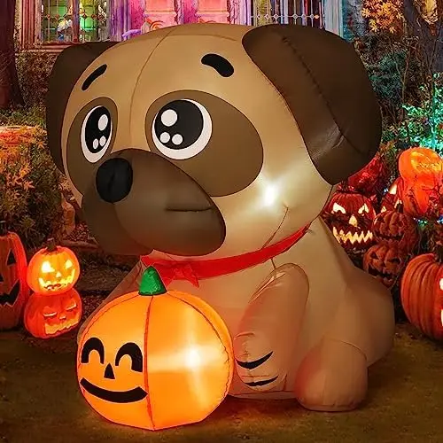 5ft Halloween Dog Inflatable for Outdoor Yard Pug Holding Pumpkin Built-in LEDs for Indoor Party Garden Lawn Decorations