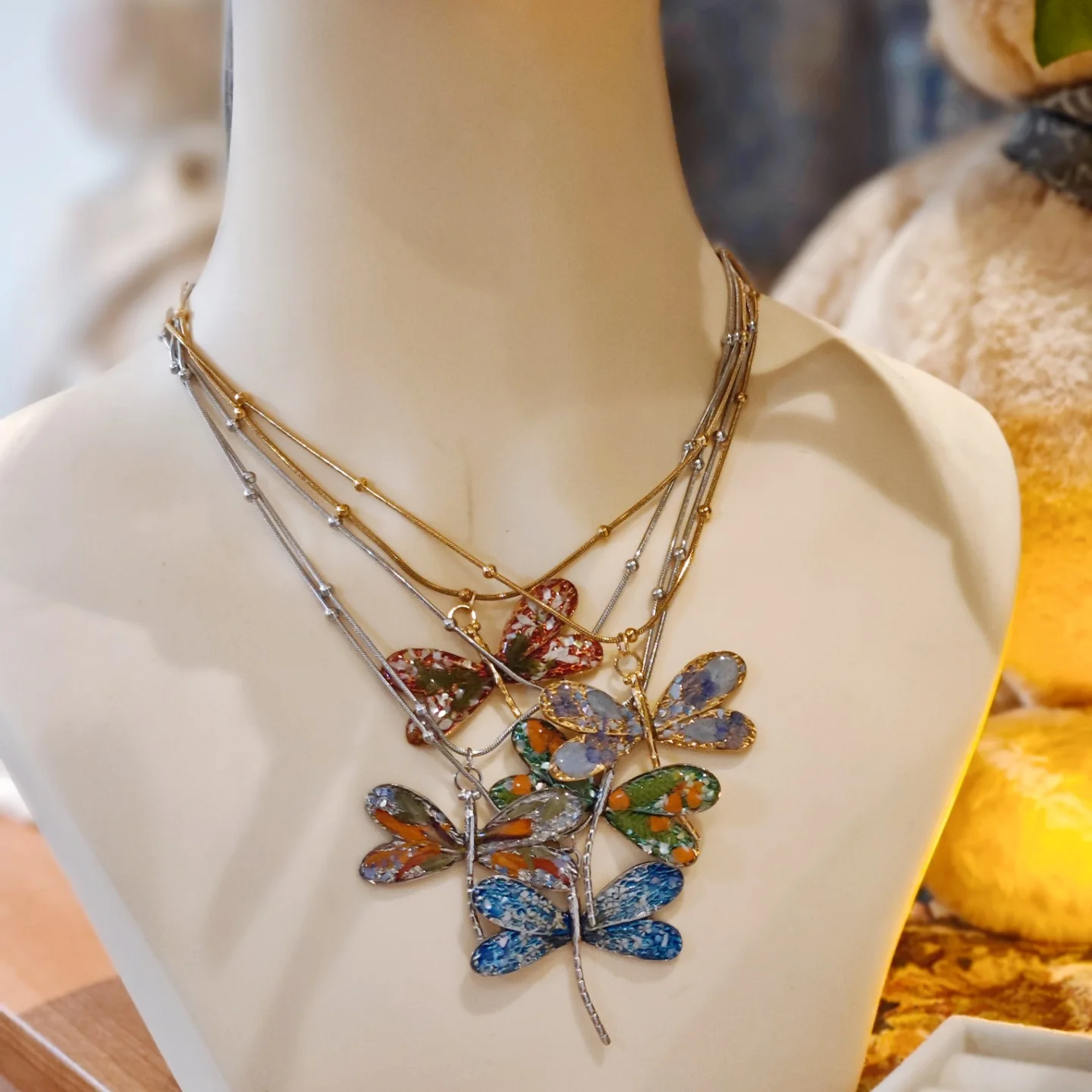 3308 Wholesale Handmade Real Flower Dragonfly Pendant Stainless Steel Necklace Original Collarbone Chain Christmas Birthday Gift