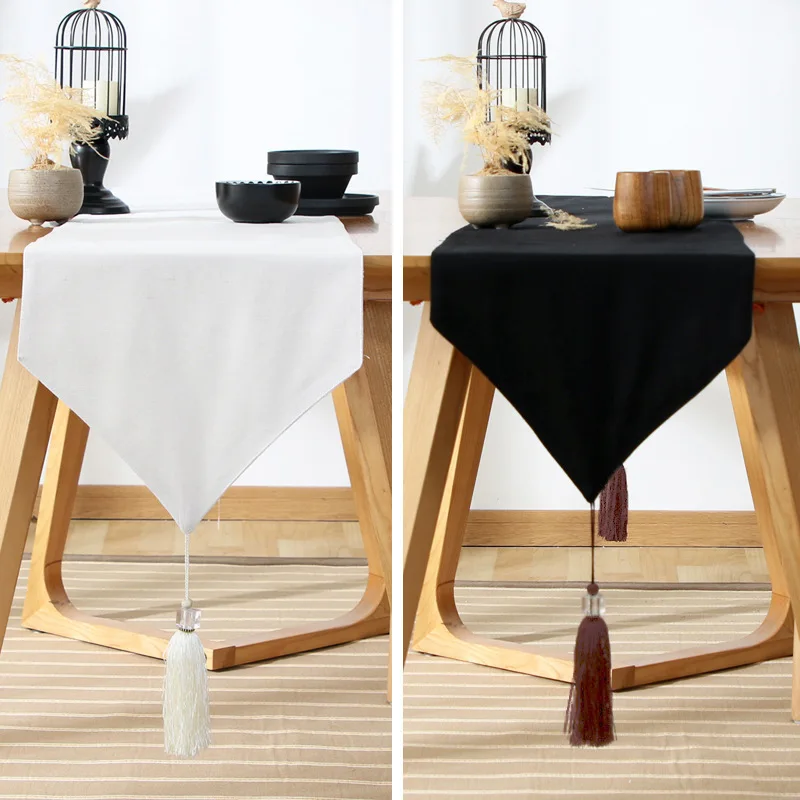 Japanese Pure Black Table Flag Chinese European Simple Tea Set Decorated with Tassel Tea Mat Cotton Double Face Table Runner