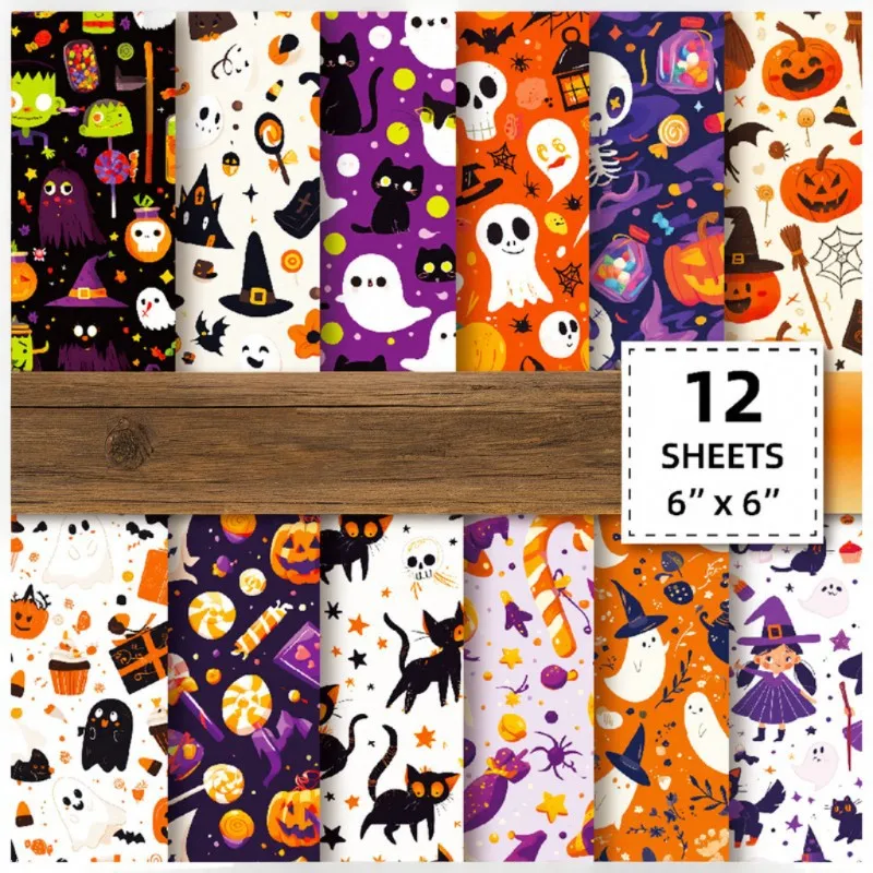 12 Sheets Halloween Theme Wrapping Papers Ghost Skull Spider Web Pattern Gift Wrap Tissue Paper DIY Craft Scrapbooking Supplies