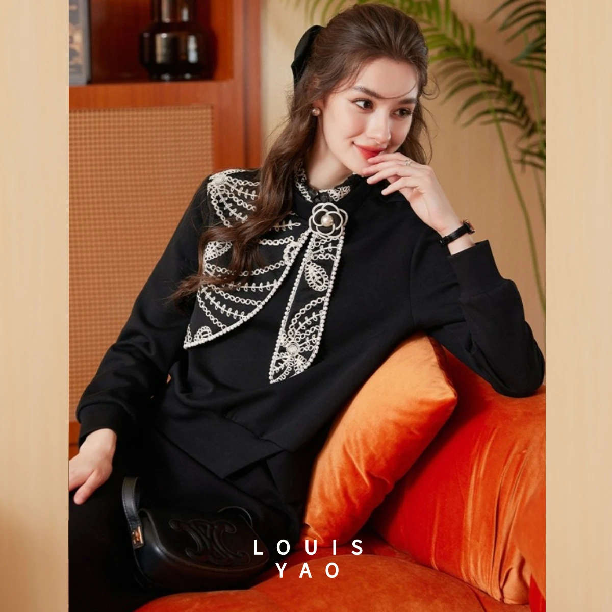 LOUISYAO Appliques Two Tone Mandarin Collar Sweatshirt Women 2025 Autumn Casual Sophisticated Embroidery Pullover Tops
