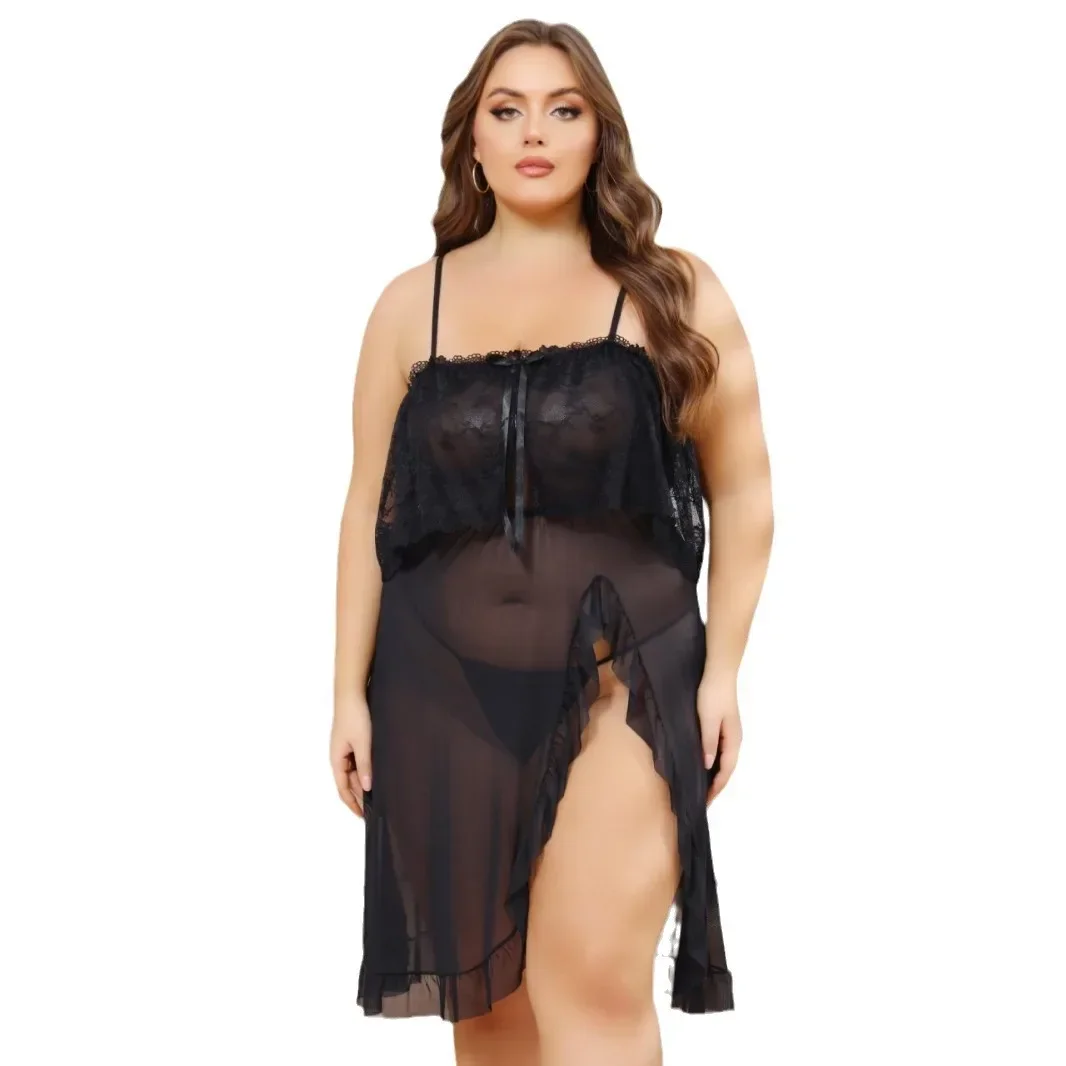 

369bibi Plus Size Sexy Sheer Mesh Nightgown - Lace Bow Tie & Ruffled High-Slit Design, No-Remove Temptation Sexy Lingerie