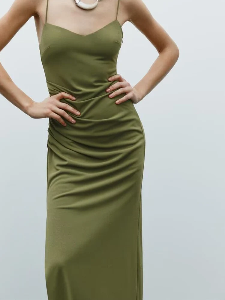 

European and American style women's spring new fashion temperament pleated decoration side slit midi suspender dress