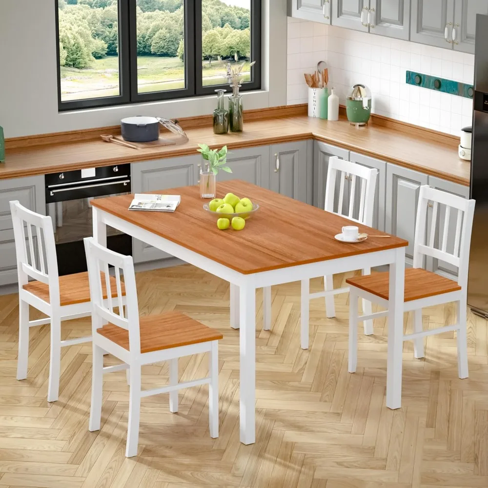 

4-person Dining Table Set, Kitchen Dining Table and 4 Chairs with Rubber Wood Legs, Farmhouse 5-piece Dining Table and Chair Set