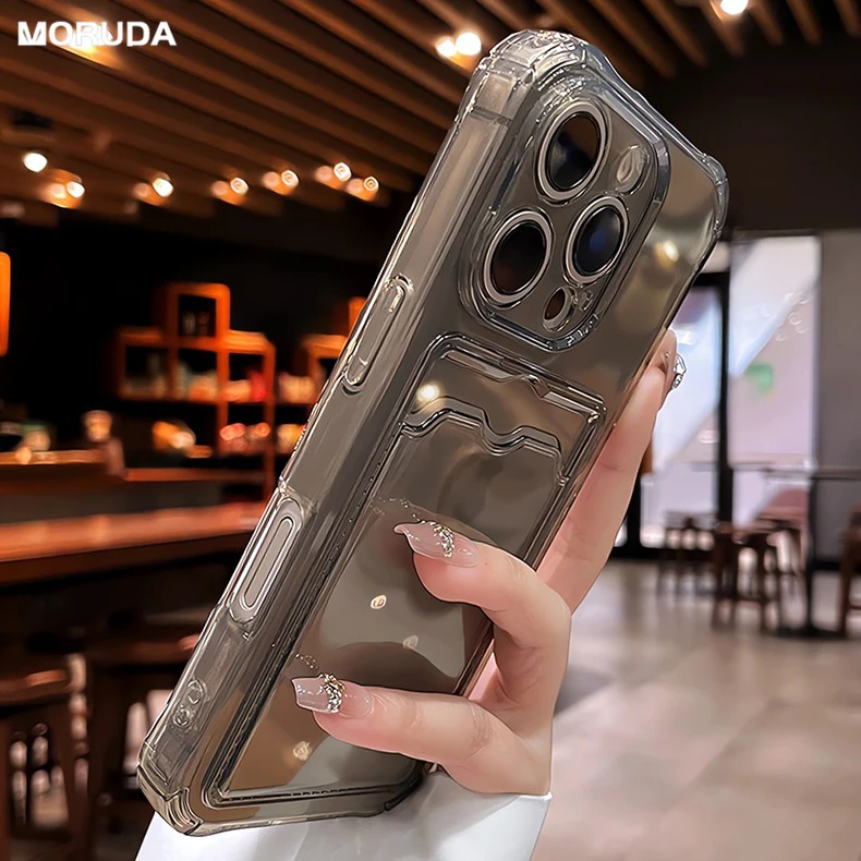 

Luxury Card Slot Bag Transparent Case for iPhone 16 15 14 13 Pro Max 12 11 X Xr Xs 8 7 Plus SE 2 Airbag Bumper Shockproof Cover