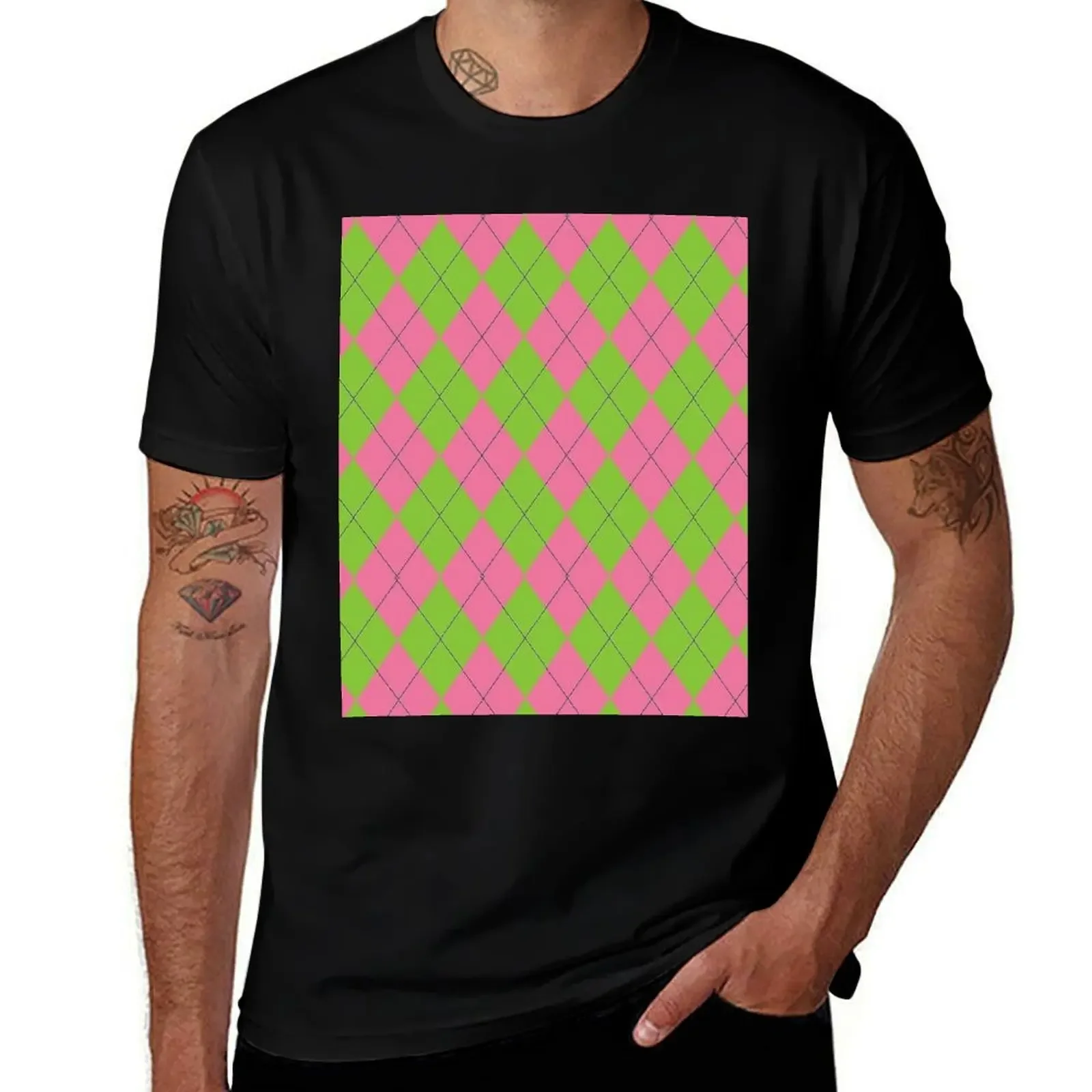 

Argyle pink and green print T-Shirt graphics customizeds baggy shirts new edition T-shirts for men cotton