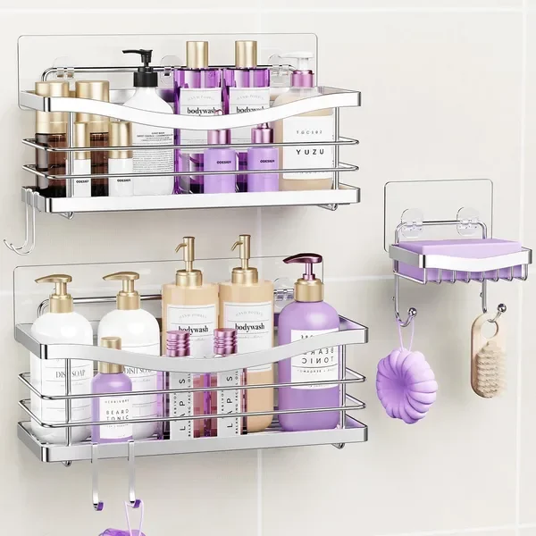 

3 Pack Bathroom Storage Rack Wall Mount Self Adhesive Shower Caddy Organizer Inside Shower No Drilling