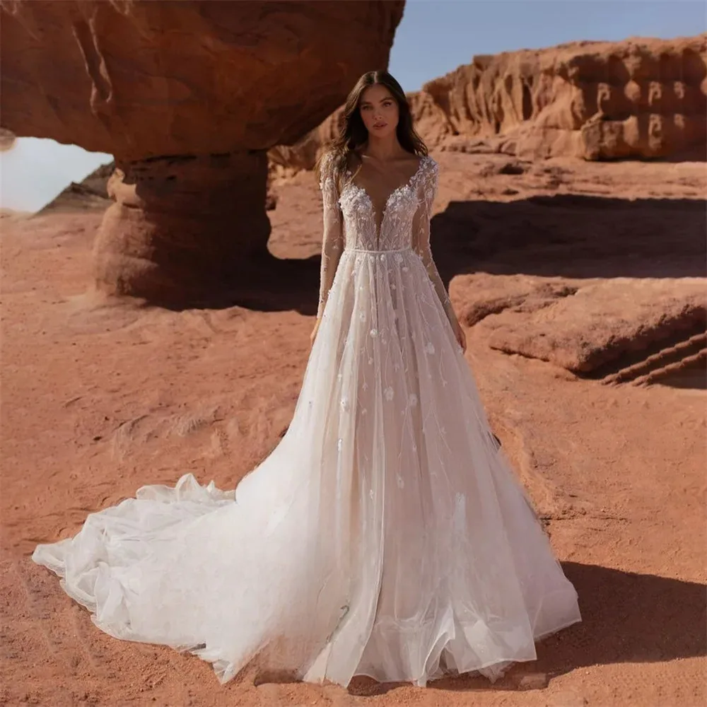Neue A-E Braut V-ausschnitt Mit Langen Ärmeln Applique Tüll Mit Zug Kleider Für Frau Hochzeit Kleid Vestidos De Novia
