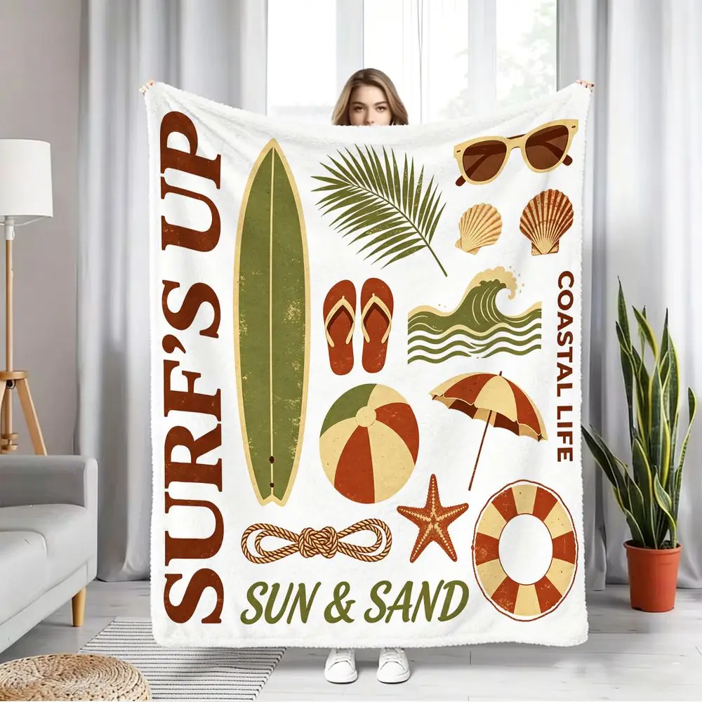 Beach Surf Themed Flannel Blanket, Retro Coastal Life Throw Blanket, Soft Cozy Warm Blanket, Decorative Summer Art Gift Blanket