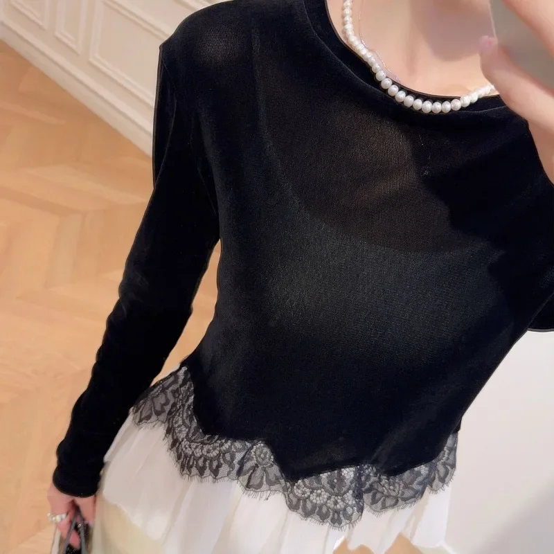 

Autumn and Winter New Versatile Tops High-End Small Shirts Celebrity Lace Ruffled Velvet T-shirt Women's
