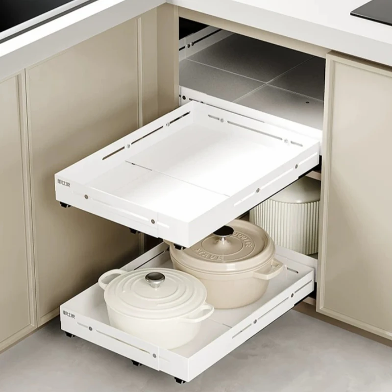 HeavyDuty50cmExtendedThreeSectionTelescopicRailCornerPullOutDrawerBasket,UnderSinkSpiceRack,DeepCabinetStorageOrganizer