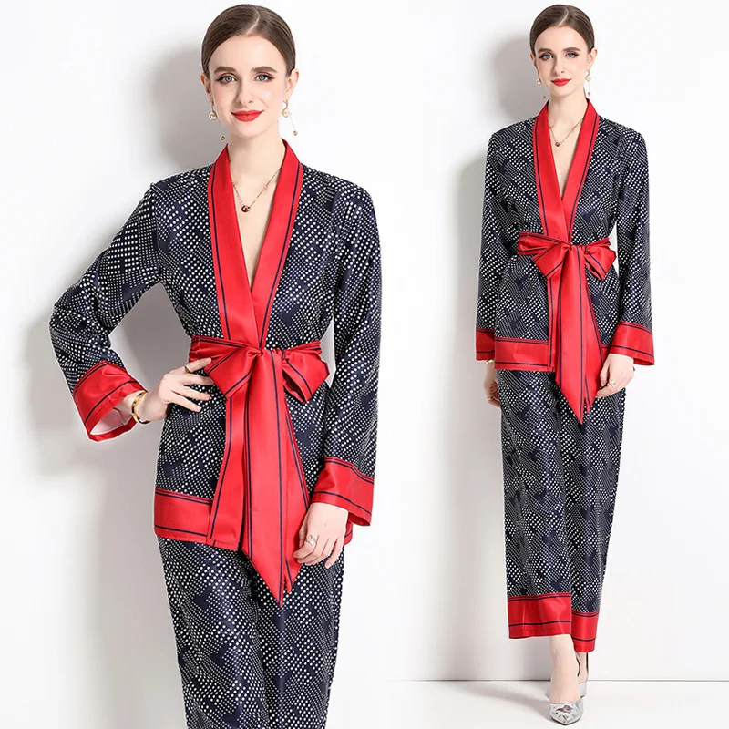 

Luxury Fashion 2 Piece Set Print Red Pants Suit Women's Long Sleeve Blouse Shirts+ELastic Waist Pocket Straight Trouser Sets