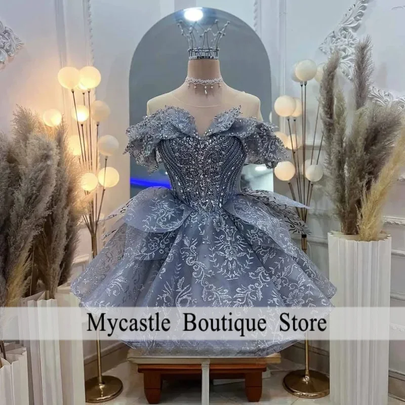 Blue Luxurious Homecoming Dresses 2026 with A-line Rhinestones Off the Shoulder Tulle Mini Deep Formal Party Gown Customized