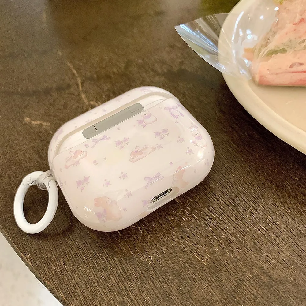 كارتون جميل الأرجواني Bowknot أرنب نمط مع المفاتيح لينة سيليكون للصدمات واقية ل AirPods 1 2 3 4 برو 2