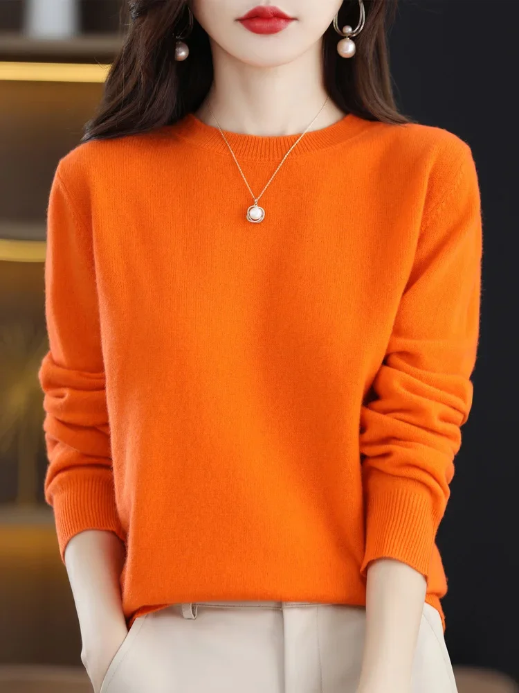 2025 mode 100% Merino Wolle Kaschmir Frauen Gestrickte Pullover Oansatz Langarm Casual Büro Pullover Herbst Tuch Jumper Top