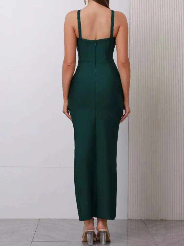 Vestidos largos de vendaje verde Sexy para mujer, cuello en V, sin mangas, drapeado, Bodycon dividido, vestido Midi para fiesta de noche de cóctel