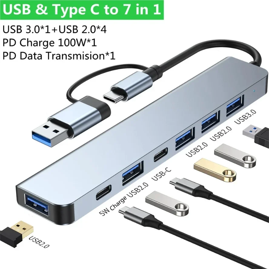 

8 in 2 Docking Station USB Type C HUB with 3.5mm Audio Jack Adapter Micro SD Card Reader Laptop Tablet Phone Disk Converter