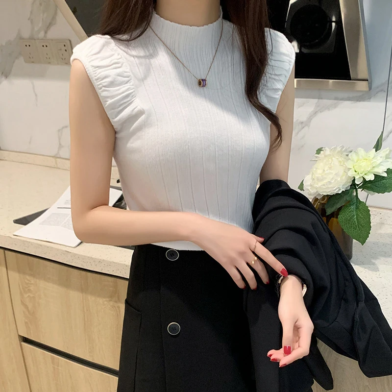 New Knitted Women Tanks Korean Folds Slim Half High Collar Female Pullover Elegant Office Sleeveless Ladies Casual Tops