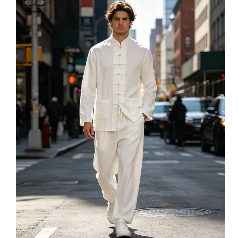 

Solid Cotton Linen Kung Fu Set Mens Traditional Chinese Long Sleeve Shirt Trousers Tang Suit Pant Suit Male Tai Chi Uniform