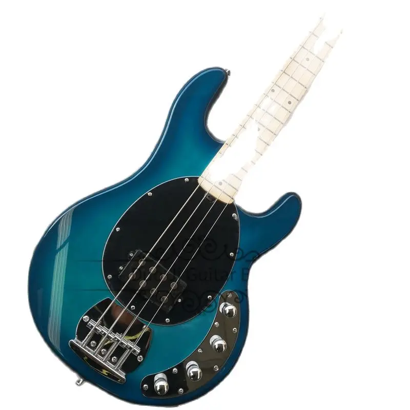 4 Strings Blue Bass Guitar Basswood Wood Body  Maple Neck Fixed Bridge Black Pickguard Active Battery