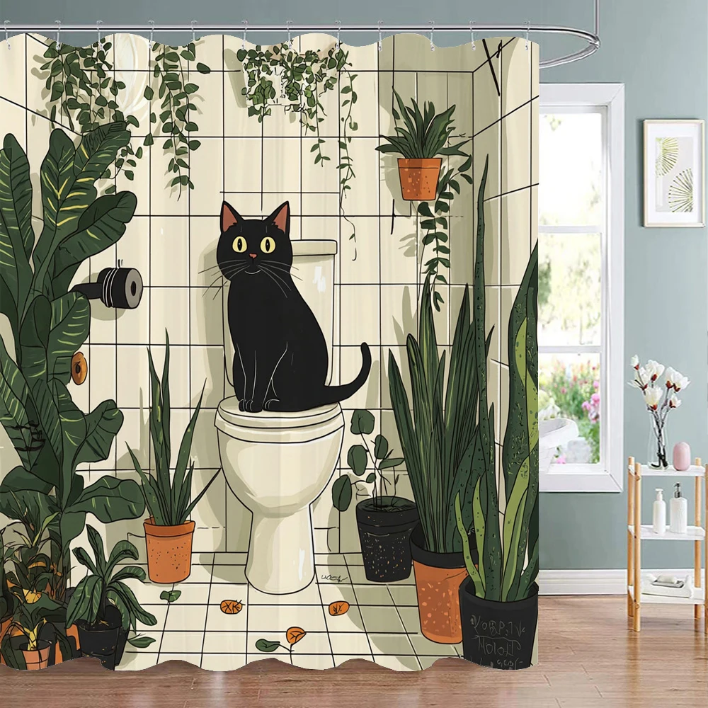 

Nordic minimalist plant and cat Shower Curtain, cartoon Bathroom Decorative Shower Curtain, Waterproof Shower Curtain with Hooks