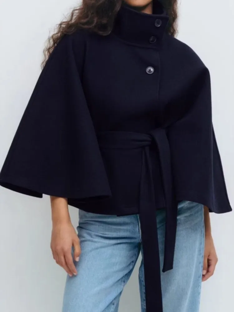 Casual Y2K Coats Women's Autumn Winter New Fashion Solid Color Cloak Stand Collar Button Belt Windbreaker Jacket Women Clothes
