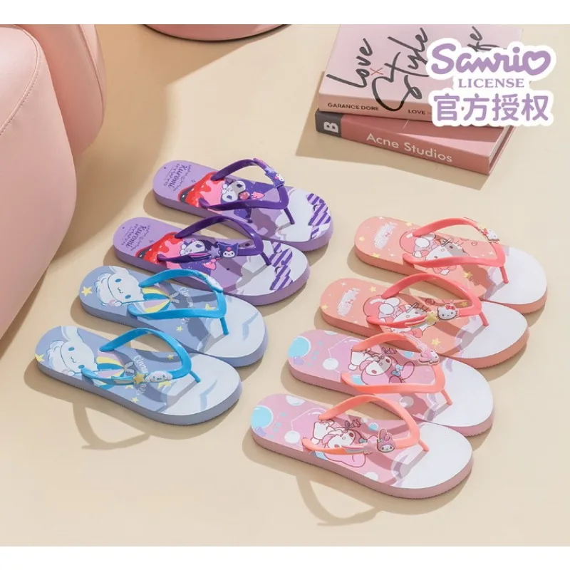 Sanrio Hello Kitty Slipper Anime Kawaii  Cute Cartoon Pink Flip Flop Women Wearing Beach Shoes on The Outside Thick Soled Sandal