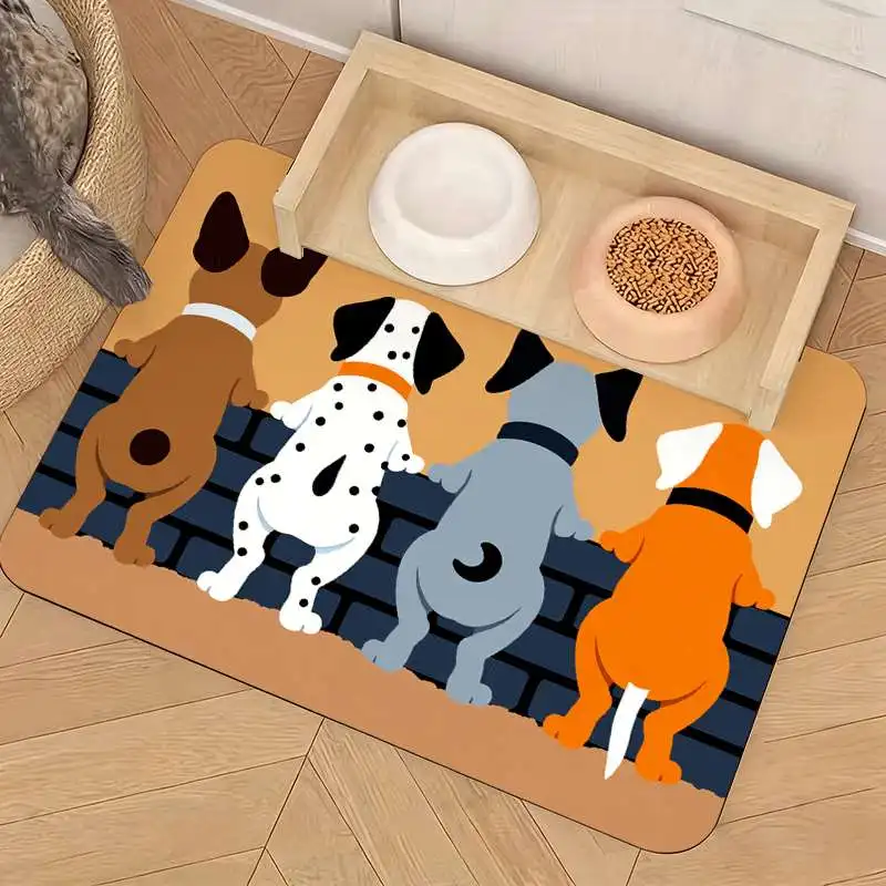 1pc Non-Slip Orange Base 4 Dogs Silhouette Pet Feeding Mat/Cute Design/Anti-Splash Easy-Clean Surface/Protect