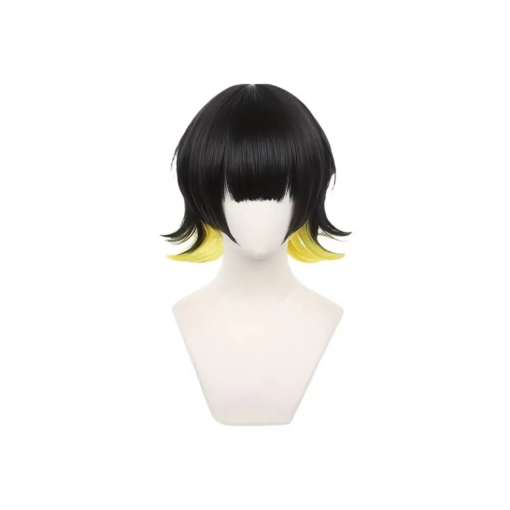 Anime Cosplay Wig Black Yellow Ombre Short Hair Straight Bangs Synthetic Heat Resistant Wig For Men Women Game Role Play