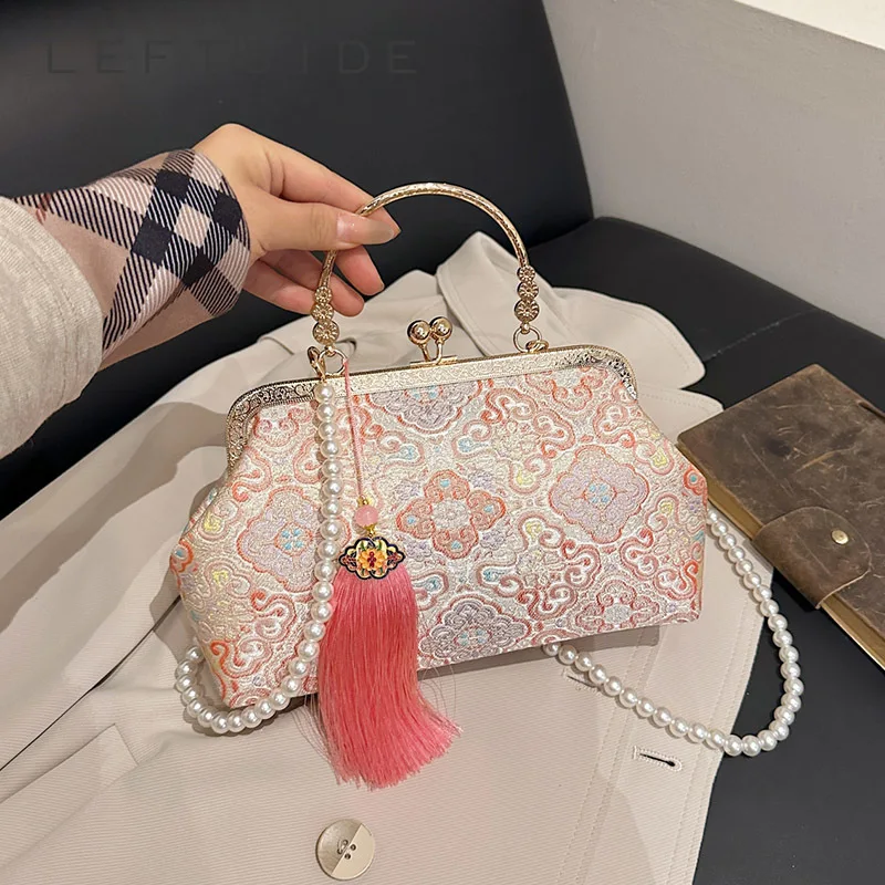 

Women's Chinese Style Brocade Satin Pearl Chain Tassel Crossbody Bag Retro Aesthetic Daily Party Dating Shoulder Bag 2026 New