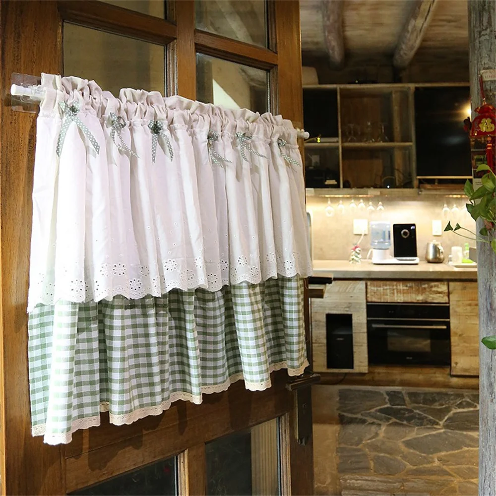 Clochef-plaid linen curtains for kitchen, short curtains with pocket and pocket, small window treatment, living room, 1pc