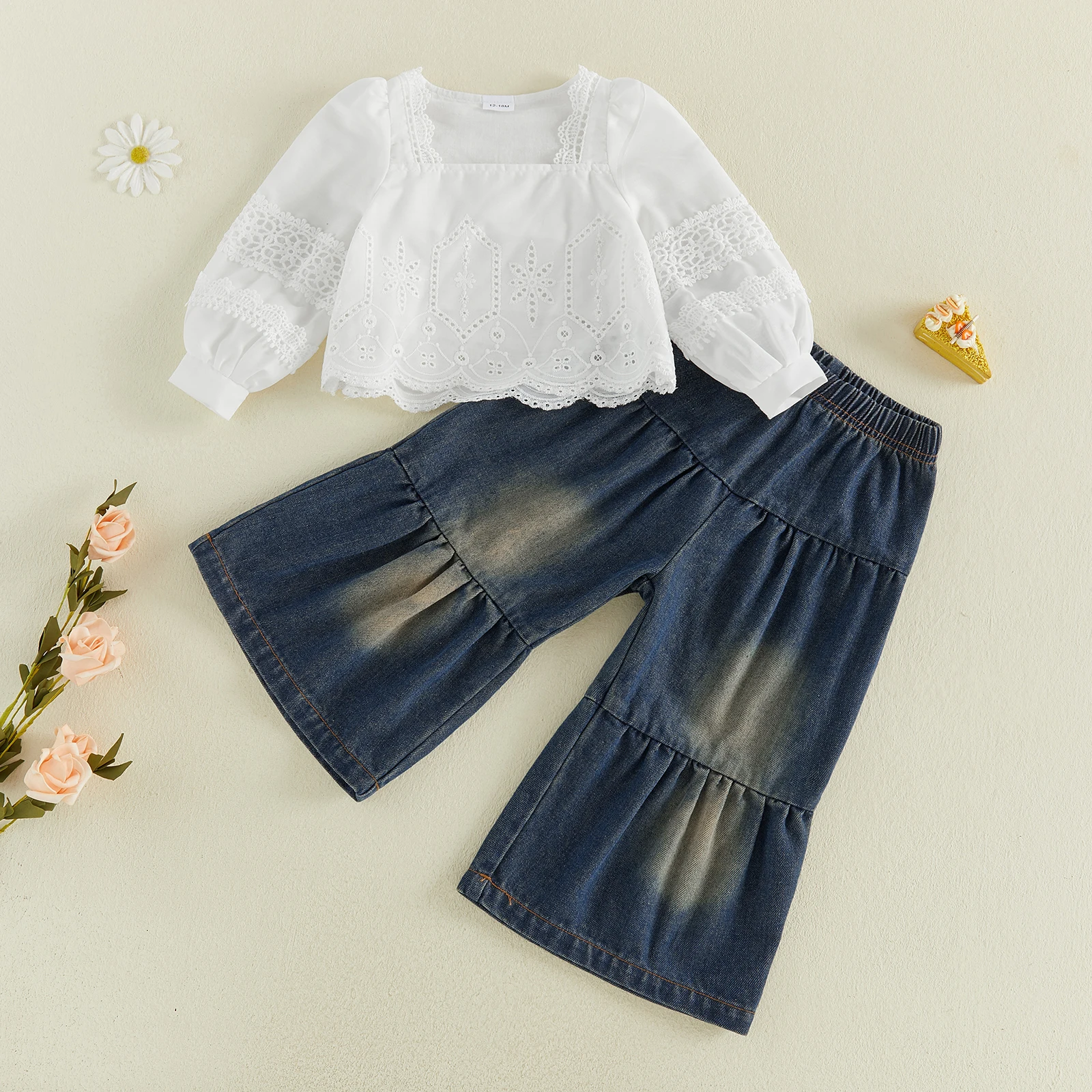1-6Y Toddler Girl Denim Outfit Embroidered Square Neck Long Sleeve Shirt Tops Elastic Waist Jeans Pants 2Pcs Clothes Set