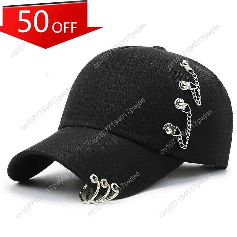 

New Style Trendy Baseball Cap with Metal Ring Chain — Hip-Hop Style Black Cap for Spring & Autumn (Unisex Youth Fashion)