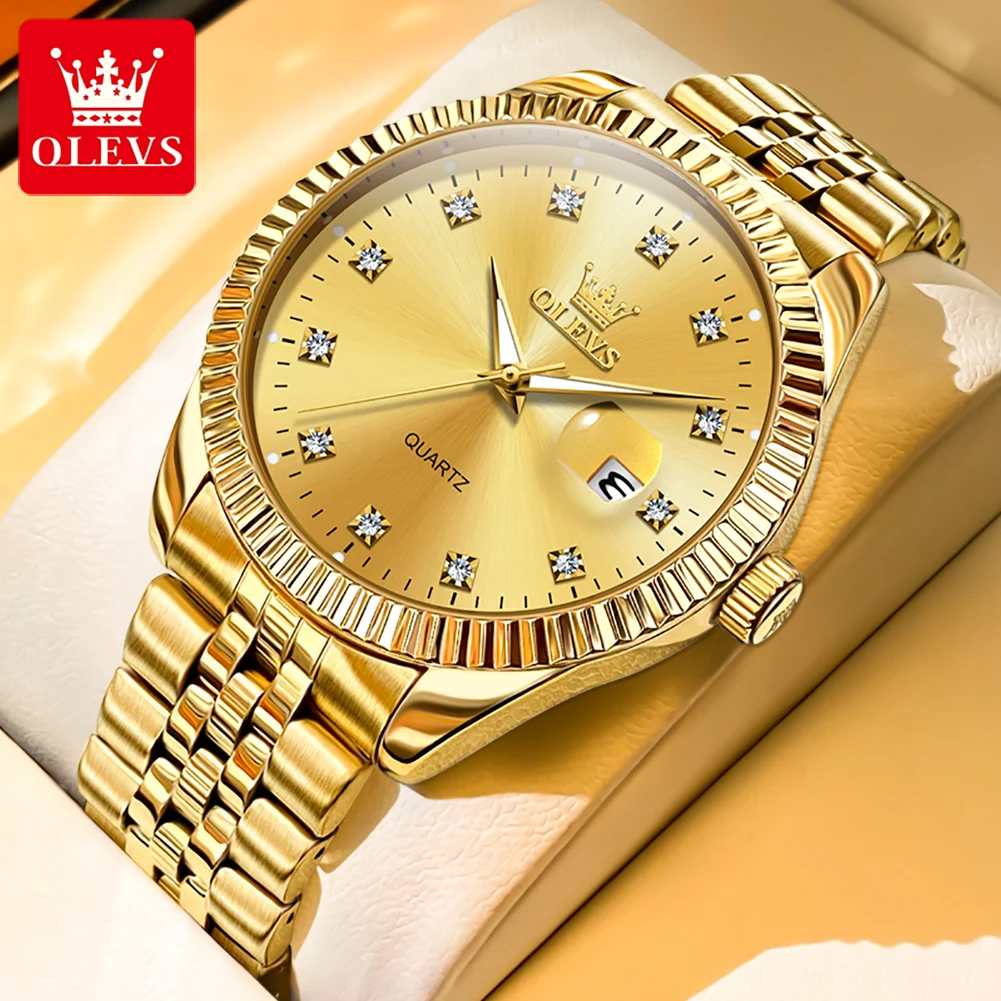 

OLEVS 5526 Gold Stainless Steel Men's Watches Luxury Waterproof Diamond Man Quartz Wristwatch Classic Luminous Watch for Men