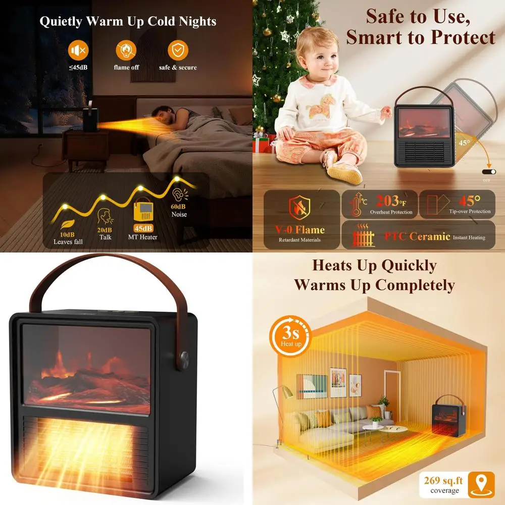 

Portable 1200W/800W PTC Ceramic Space Heater with 3D Flame Effect, Overheat and Tip-Over Protection for Bedrooms and Offices